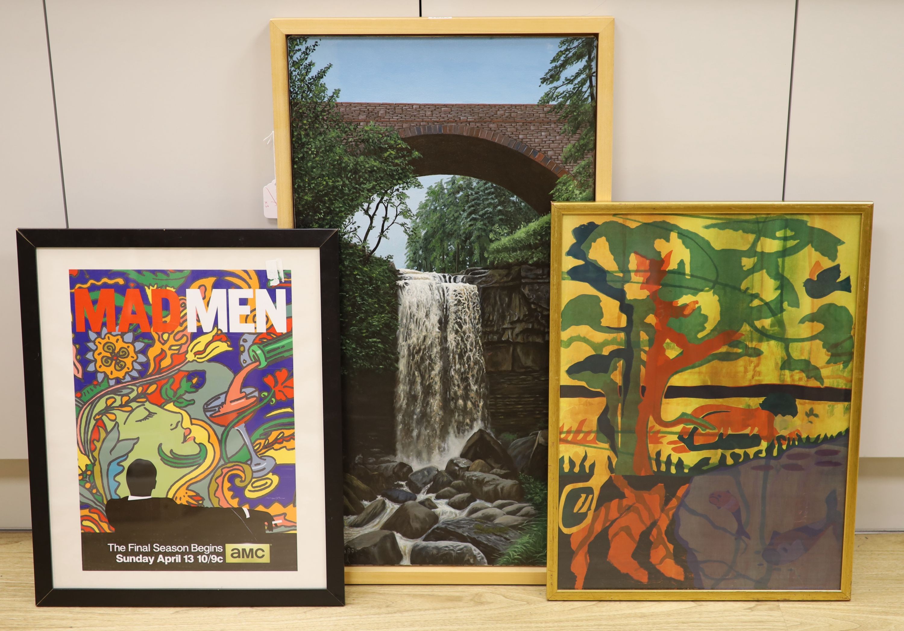 Ken Watts, Study of a waterfall below a bridge, oil on canvas, ‘99, 76 x 41cm., with a framed abstract print and ‘Mad Men’ poster (3)